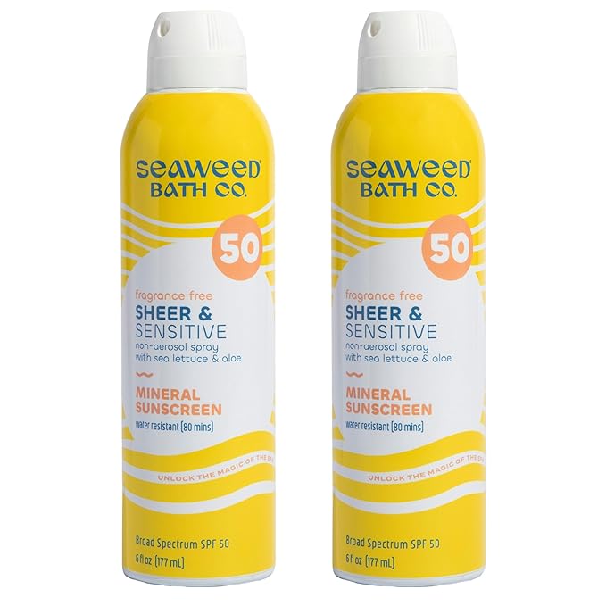 Seaweed Bath Co. Sheer Mineral Sensitive SPF 50 Broad Spectrum Sunscreen Spray, 6 Ounce (Pack of 2), Fragrance Free, Sustainably Harvested Seaweed, Sea Lettuce, Aloe