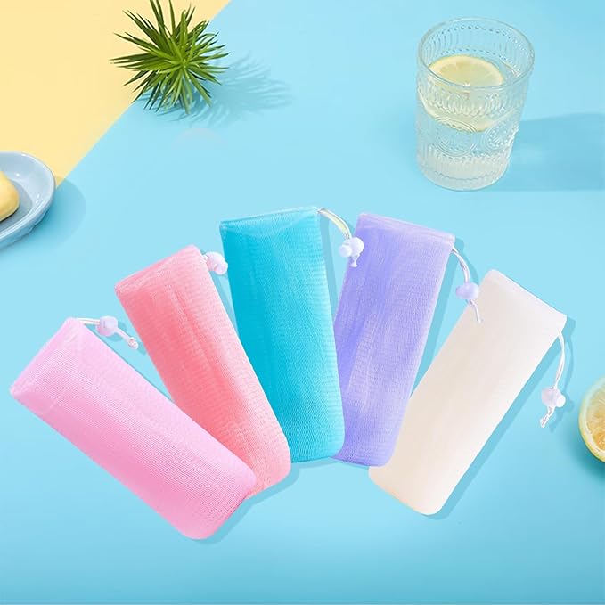 5Pcs Mesh Soap Bags Soap Bubble Foam Net Exfoliating Mesh Soap Saver Pouch Bag Bar Soap Scrubber Pouch with Drawstring for Body Facial Cleaning