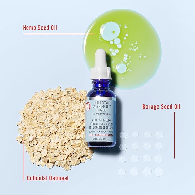 First Aid Beauty Ultra Repair Oat & Hemp Seed Oil β Hydrating, Non-Greasy Facial Oil with Arnica & Colloidal Oatmeal for Redness Relief β Calms Dry, Distressed Skin β Fragrance Free, 1 oz