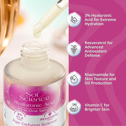 All In One Hyaluronic Acid Face Serum β Ultra Hydrating Anti Aging Serum with Vitamin C, Marine Collagen & Niacinamide for Brightening & Firm, Smooth Skin