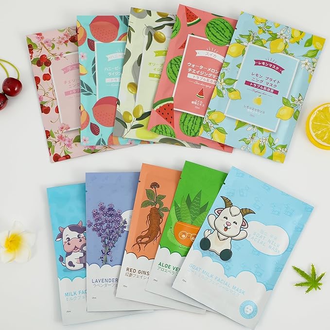 20 Sheets Face Masks Skincare for All Skin Types, Hydrating Facial Masks, Watermelon, Aloe Vera, Peach, Oil Contral Moisture Face sheet Masks for Sensitive Skin, Facial Mask for Women