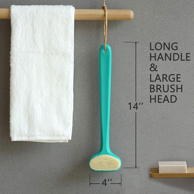 Upgraded Bath Body Brush with Comfy Bristles Long Handle Gentle Exfoliation Improve Skin's Health and Beauty Bath Shower Wet or Dry Brushing Body Brush (14 inch, Green)