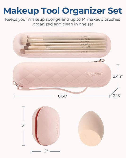 BAGSMART Travel Makeup Brush Holder Bag with Metal Zipper Closure, Travel Makeup Brush Case Cosmetic Bag, Silicone Soft Portable Face Brushes Travel Essentials Organizer Holder, Light Khaki