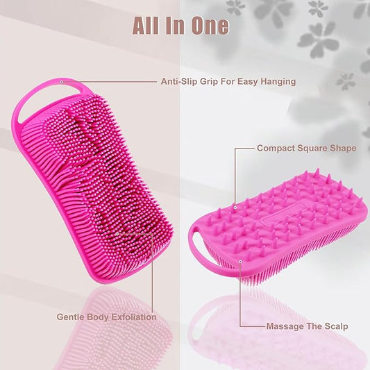 VOCOSTE Silicone Body Scrubber, 2 in 1 Body Brush Hair Scalp Massager, Body Scrubbers for Use in Shower, Exfoliating Body Scrubber for All Skin Type, Rose Red