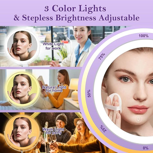 Lighted Makeup Mirror | 8" Rechargeable Double Sided 1x/10x Magnifying Mirror with Light | 3 Color Lights and Adjustable Brightness Vanity Mirror | 360°Rotation Detachable for Travel