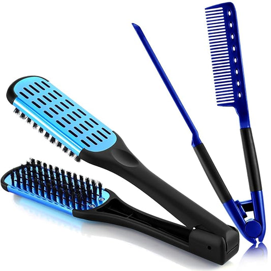 CHENGU 2 Pcs Straightening Comb For Hair, Boar Bristles Clamp Double Sided Brush Hair Straightening Brushes Comb Flat Iron Styling for Knotty Unkempt(Blue, Black)