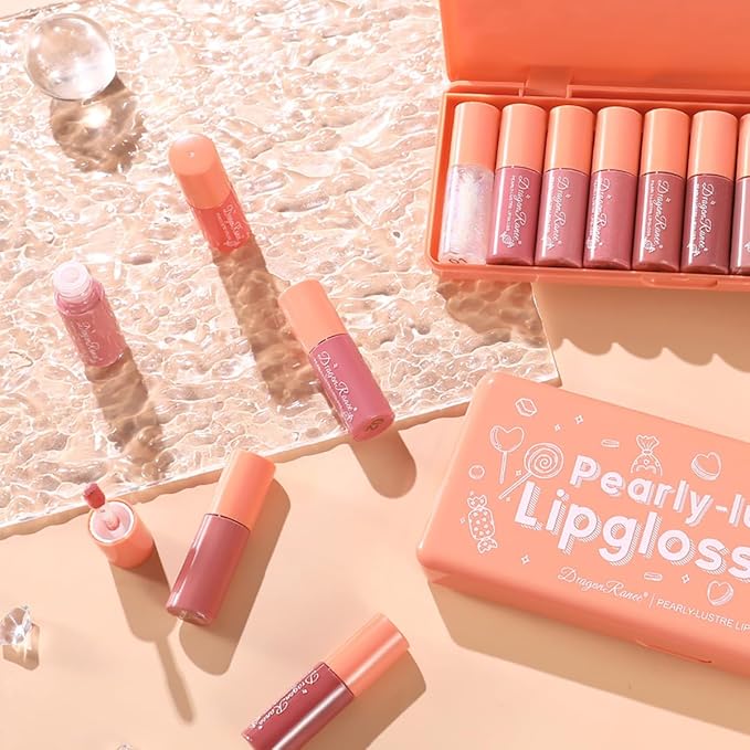 10 Colors Lip Tint Stain Set with Natural Fruits Design, Pearly Lustre Finish, Korean Plumping Lip Gloss Watery Lip Stain (Orange Box)