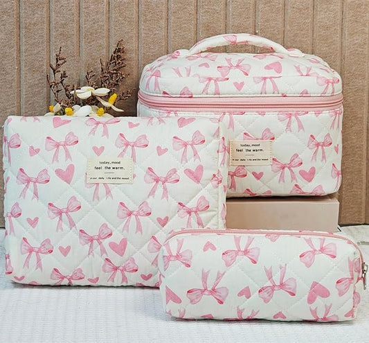 3 Pcs Quilted Makeup Bag Set,Coquette Bow Make Up Bag,Cute Floral Makeup Bags Large Toiletry Cosmetic Bag Organizer for Women Girls (M-3PCS)