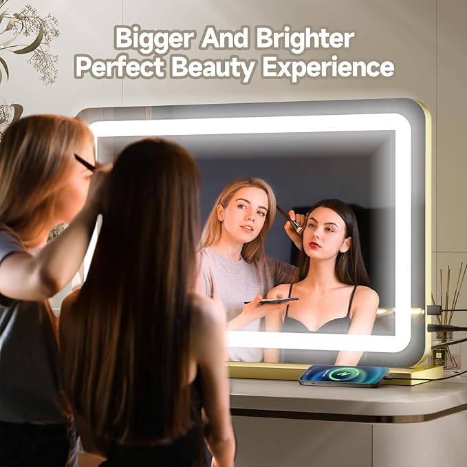 Large Vanity Mirror with Lights 32"x22", Lighted Makeup Mirror, Wall-mounted Hollywood Vanity Mirrors, Touch Sensor, 3-Color Lighting, 5X Magnification, USB Port for Vanity Desk Tabletop, Salon, Gold