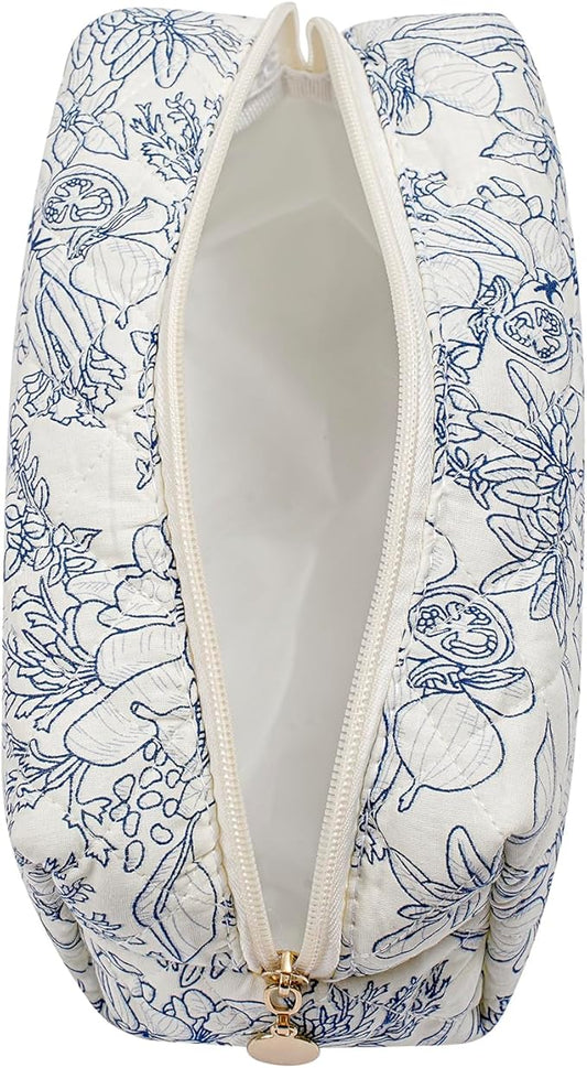 Makeup Bag Travel Cosmetic Bag for Women Girls, Zipper Make Up Pouch, Floral Flowers Toiletry Organizer Makeup, Portable Storage Bag, Cosmetic Travel Cloth Bag (2 Pack (L+S)/Navy Blue Flower)