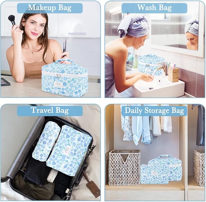 3Pcs Cotton Quilted Makeup Bag Set,Large Floral Cosmetic Bag,Aesthetic Toiletry Travel Makeup Bag Set and Cute Flower Bag for Women Girls (Blue Flower)