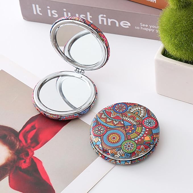 6 PCS Mixed-Color Bohemian Folding Makeup Mirror Portable Round Bread Mirror Thick Double Sided Pu Pocket Mirror