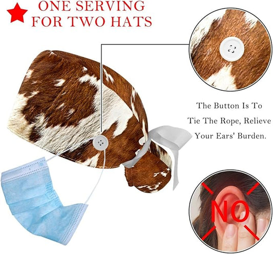 2 PCS Bouffant Cap with Button Ponytail Pouch Working Cap Sweatband Adjustable Surgical Cap Black and White Cow