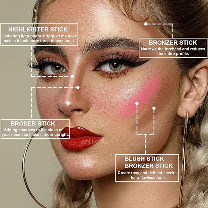 Lezero 3Pcs Contour Stick Makeup Kit, Shades with Highlighter, Blush and Bronzer Trio for Sculpt the Cheeks and Body, Longwear, Waterproof, Dewy & Matte Finish, MEDIUM (09,12,15)