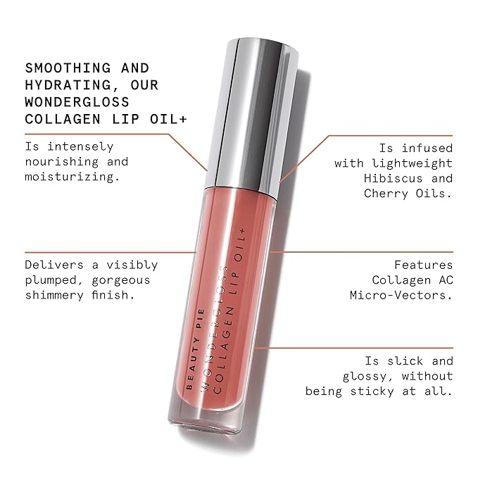 Beauty Pie Wondergloss Collagen Lip Oil + (Nude Nectar) β Hydrating, Plumping, Non-Sticky Gloss with Collagen AC Micro-Vectors & Cherry Oils