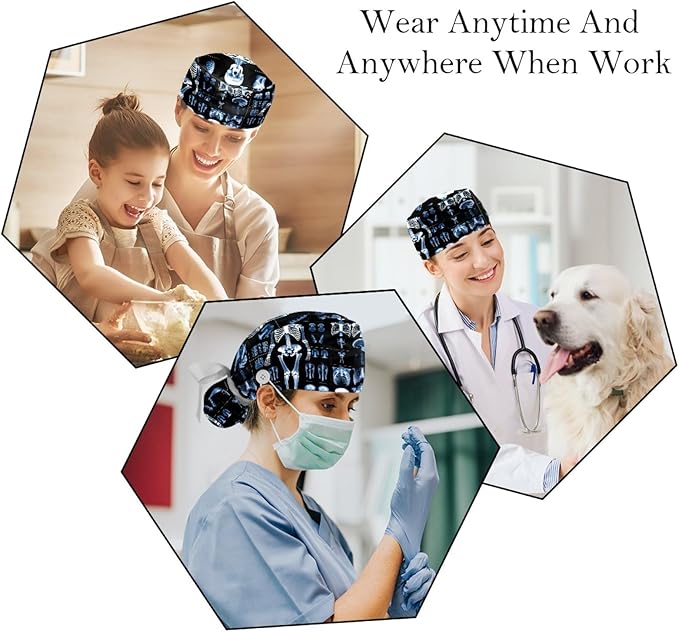 2 PCS Bouffant Cap with Button Ponytail Pouch Working Cap Sweatband Adjustable Surgical Cap Black and White Cow
