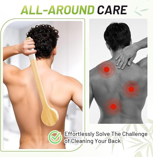 Back Scrubber for Shower 17.32'', Soft Bristles Bamboo Shower Brush for Men Women, Long Curved Handle Bath Brush for Exfoliating, Smooth Skin & Back Scrubbing Gift for Older