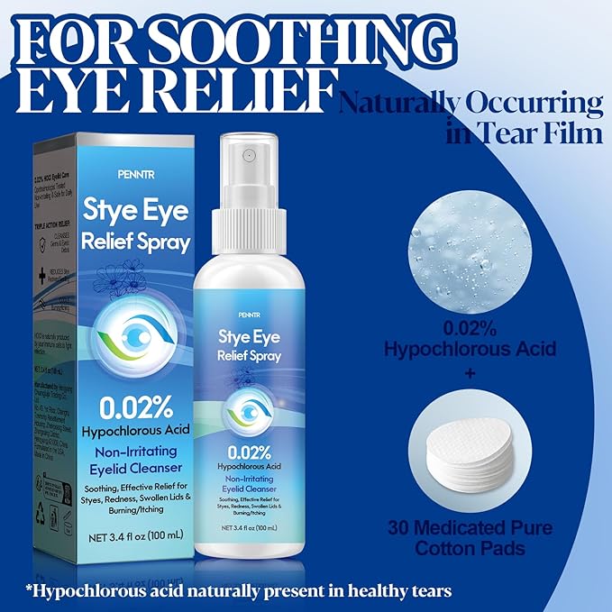 Stye Eye Drops, Relief Spray for Styes, Chalazions & Redness, Eye Serum with 0.02% Hypochlorous Acid, Gentle Formula and Quickly Soothing, 3.4 Fl. Oz (1 PC)