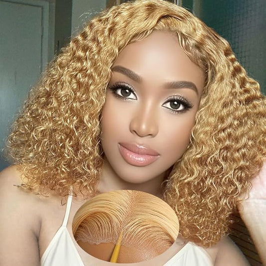 FABA Glueless Wigs Human Hair Pre Plucked Pre Cut Bob Blonde Curly Wig 9x6 Wear And Go Honey Blonde Deep Wave Closure Wig 180% Density Short Curly 14 Inch