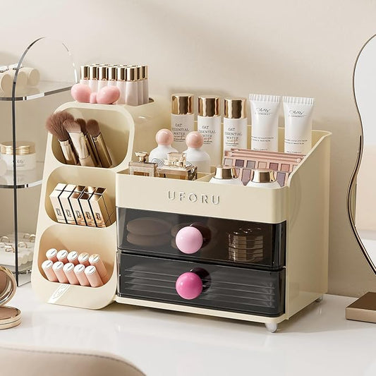 Makeup Organizer for Vanity, Countertop Organizer With Drawers, Spacious Cosmetic Display Case for Beauty Essential, Skincare, Lipstick, Cream White&Pink