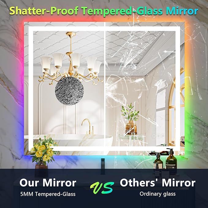 44x32 Inch RGB LED Bathroom Mirror Front Light and RGB Backlit Lighted Vanity Mirror for Bathroom Wall Mounted Dimmable Anti Fog Memory Shatter-Proof IP54 Waterproof Horizontal/Vertical