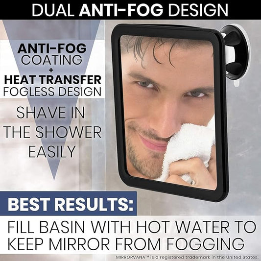 MIRRORVANA Fogless Shower Mirror for Shaving with Upgraded Suction, Dual Anti Fog Design, Shatterproof Surface & 360Β° Swivel, 8" x 7"