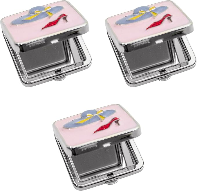 Stephanie Imports Set of 3 Double Sided Magnifying Compact Slim Mirrors (Pastel Pink & Red Rhinestone Heel, Square)