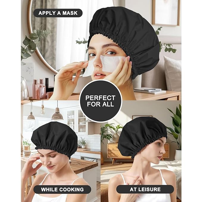 Shower Cap for Women Set of 4, 1 Double-Layer Waterproof Bath Cap + 3 Single-Layer Waterproof Shower Caps β Reusable Hair Protector, TPU Coated Elastic Bathing Cap for Women & Men - Black