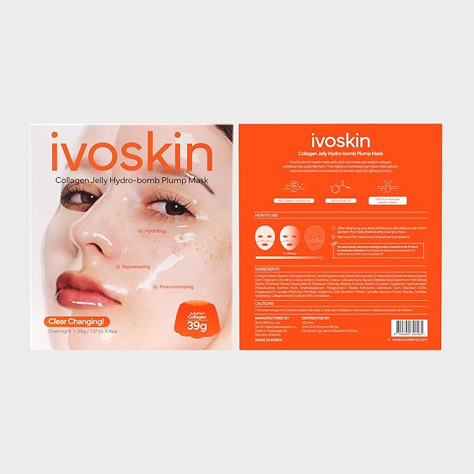 Collagen Jelly Hydro-bomb Plump Mask, Hydrating 39g x 4ea Real Collagen Mask, Firming and Moisturizing for Glow Skin, Collagen Water over 670,000 ppm