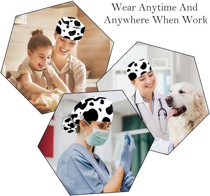 2 PCS Bouffant Cap with Button Ponytail Pouch Working Cap Sweatband Adjustable Surgical Cap Black and White Cow