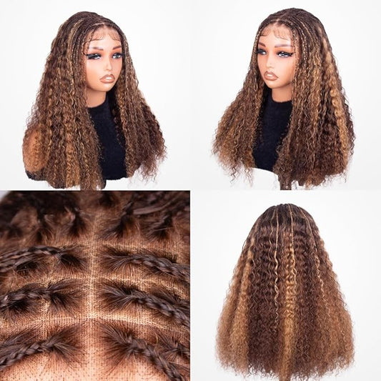 Ombre Braided Wigs for Black Women 200% Density Glueless Wigs Human Hair Pre Plucked Pre Cut 9x6 Blonde Highlight Lace Front Wig Deep Wave Human Hair(4/27 Coloured Curly)17inch