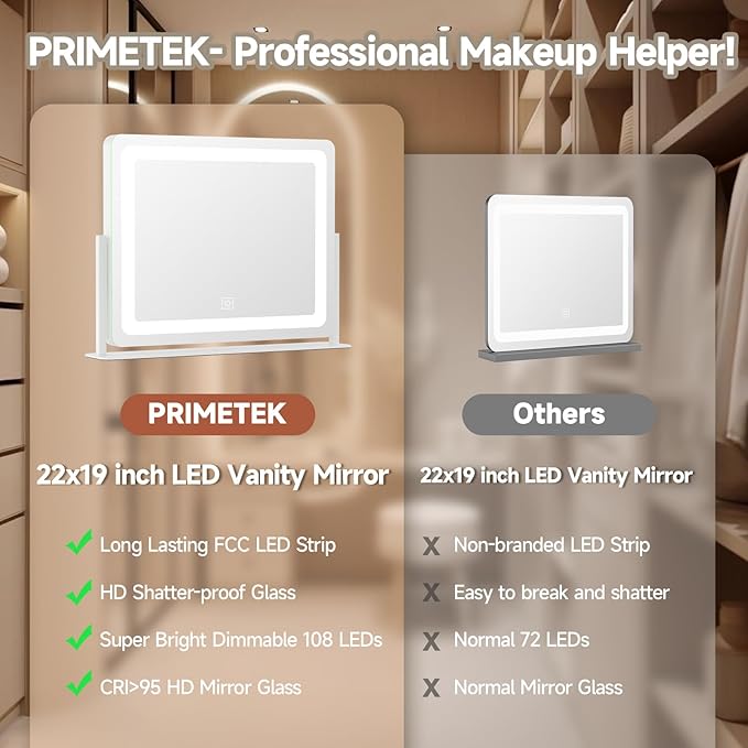 PRIMETEK Vanity Mirror with Lights, 22"x19" Large Makeup Mirror with Lights, Hollywood LED Lighted Makeup Mirror, Touch Sensor with 3-Color Lighting, Dimmable for Vanity Desk Tabletop, Bedroom, White