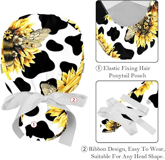 2 PCS Bouffant Cap with Button Ponytail Pouch Working Cap Sweatband Adjustable Surgical Cap Black and White Cow
