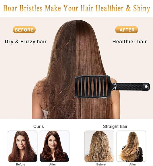 KTKUDY Detangling Brush Boar Bristles Hairbrush Make Hair Shiny & Healthier Curved and Vented Detangler Brush for Women Men Kids Wet & Dry Hair (Black)
