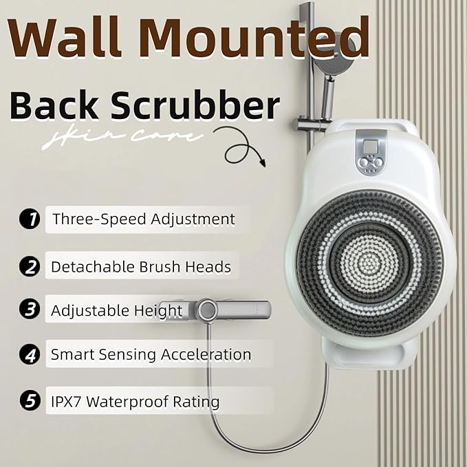 Wall Mounted Back Scrubber for Shower, Electric Exfoliating Brush with 7in Brush Head, 360Β° Automatic Rota-Tion, High/Low Gear, Body Scrubber for Shower, Deep Cleansing & Back Massage