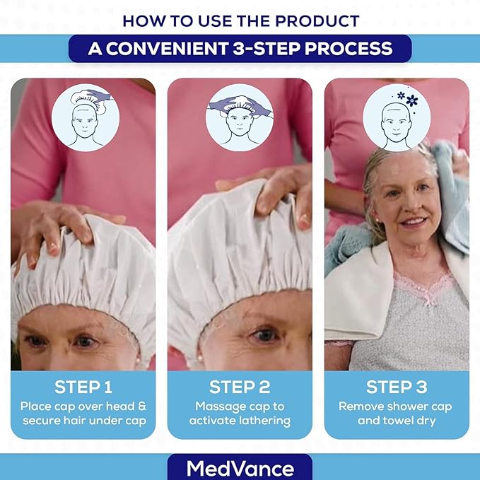 MedVance No Rinse Shampoo Cap | Rinse Free Shower Cap that Shampoos & Conditions | PH Balanced & Hypoallergenic Waterless Hair Wash | 1 Pack