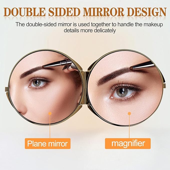 Retro metal compact travel mirror 1x/2x magnification compact portable foldable, used as a compact magnifying glass for wallets and pockets, distortion free folding portable compact mirror (bronze)