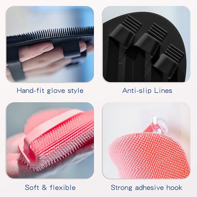 Manmihealth Soft Silicone Shower Brush, Super-Lathering and Deep-Cleaning Body & Face Scrubber, Gentle Exfoliating Bath Glove for All Skin Types(Black*2)