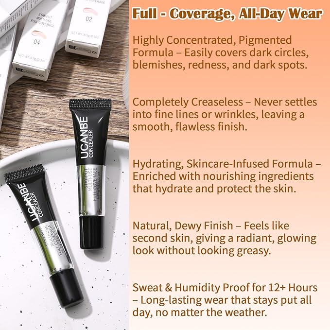 UCANBE Stay-Put Full Coverage Concealer, Long-Wear Waterproof, Under Eye Brightener Concealer, Color Corrector for Dark Circles, Acne, Blemishes, Redness Color Correcting Cream (01 LIGHT IVORY)