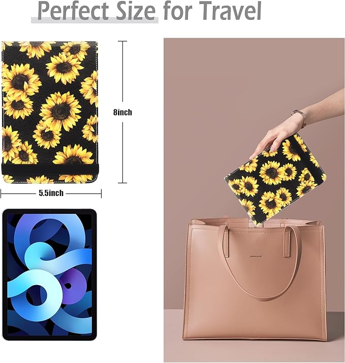 Makeup Mirror with Lights, PU Leather Travel Mirror with 3 Color Lighted Makeup Mirror with Sunflower Print, 8x5.5inch Vanity Mirror with Light Desktop Cosmetic Mirror, Lighted Travel Mirror for Women