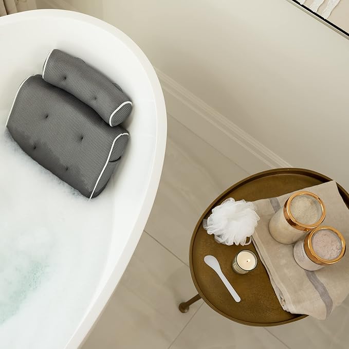 SunSerenity Luxury Bath Pillow - Relaxing Tub Accessory for Head and Back, Unscented Candle, Sponge Loofah, Laundry Bag, & Suction Tool (White on Grey)
