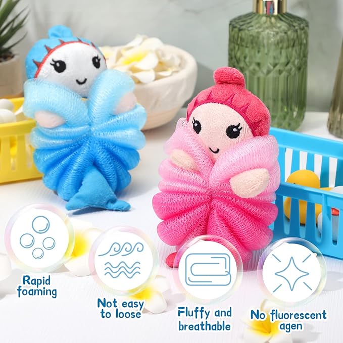 Nuenen 2 Pcs Bath Loofahs Kids Toddler Cute Cartoon Bath Sponges Loofah Pouf Body Scrubber Mesh Sponges for Children Shower Washing Exfoliating(Mermaid)