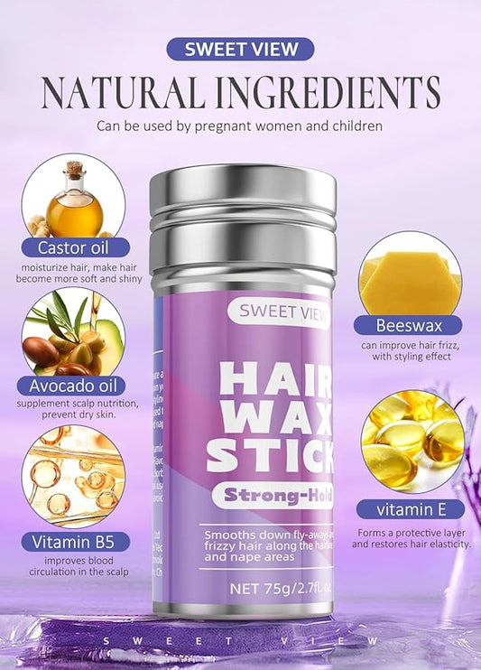 Hair Wax Stick & Slick Back Hair Brush for Tame Flyaways, Frizz, Sleek Ponytail, Buns | Pomade/Balm/Gel Stick for Woman, Styling Accessories for Girls, Kids