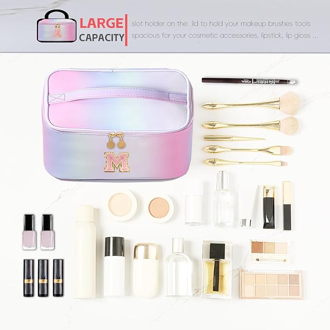 Meiyuuo Large Makeup Bag Cute Travel Pro Cosmetic Bags Personalized Chenille Letter Bag Travel Toiletry Organizer for Women Teen Girls Gifts for Her Preppy Rainbow Pink M