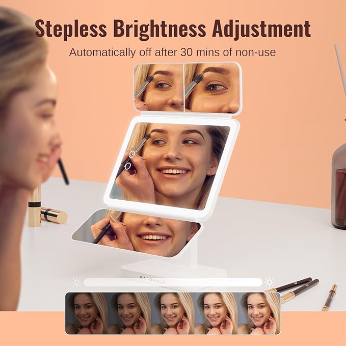 EASEHOLD Lighted Makeup Mirror, Rechargable Vanity Mirror with Magnification, 2X 3X, Trifold Makeup Mirror with Touch Control, 3 Color Dimmable LED Lights, Portable Make up Mirror, Gifts for Women