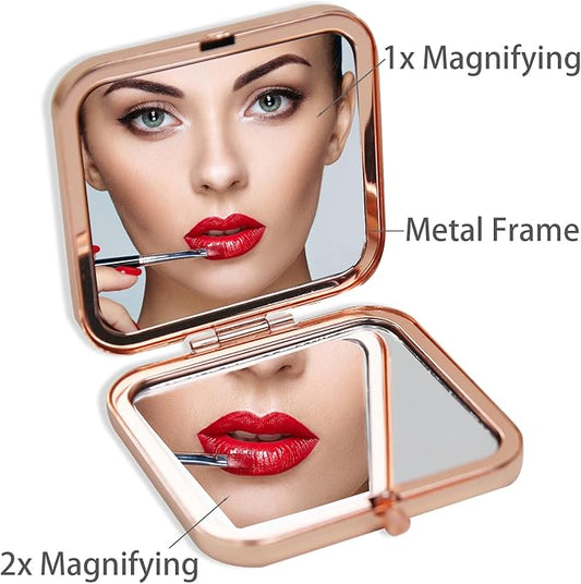 Small Compact Mirror, Rosegold Square 2.8βΓ2.8β DropRubber Style Double Sided Mini Magnifying 1X/2X Mirror for Purse Can be Used as Gifts for Woman (LadyLiberty)