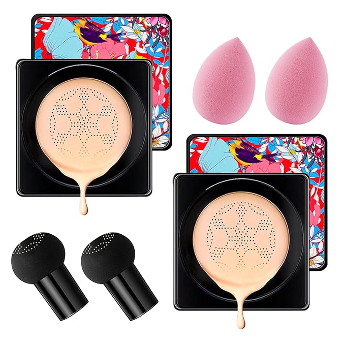 2Pcs Mushroom Head Air Cushion CC Cream Foundation Makeup,Moisturizing BB Cream Face Makeup Liquid Foundation,Long Lasting Full Coverage Concealer for All Skin TypesοΌNaturalοΌB