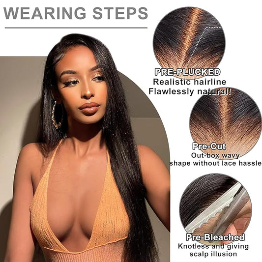 7x5 HD Lace Wear and Go Glueless Wig Human Hair Pre-Plucked, Pre-Cut Lace Glueless Wigs, No Glue Lace Front Closure Wig Straight, 180% Density, 34inch