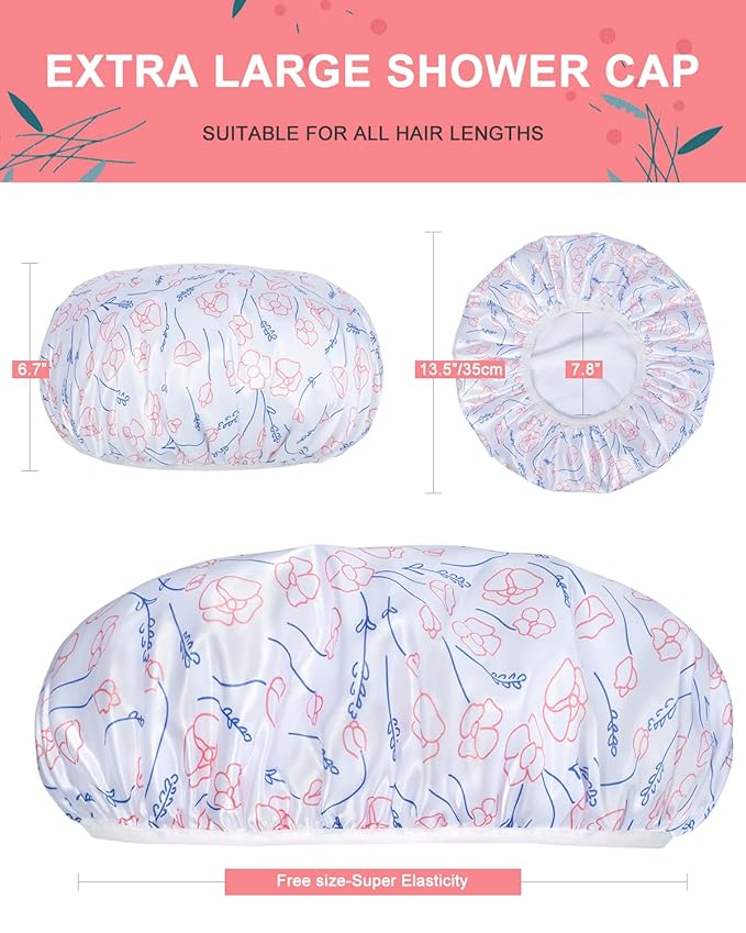 Shower Cap, Triple Layer Large Shower Cap for Women, Terry Cloth Lined Reusable Shower Caps for Long Thick Hair(Line Flower)