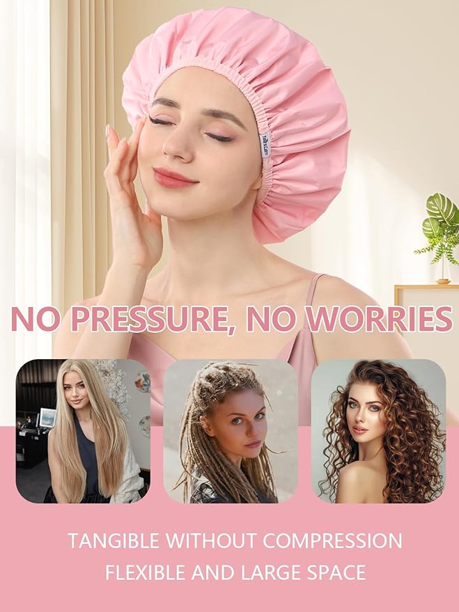 Years Calm Shower Caps For Women Reusable Waterproof,Pattern And Solid Color Dual-Layer Design For Dual-Layer Usable,Protects Hair In Shower, Spa, Cooking, Clean & Travel (Pink, Extra Large)